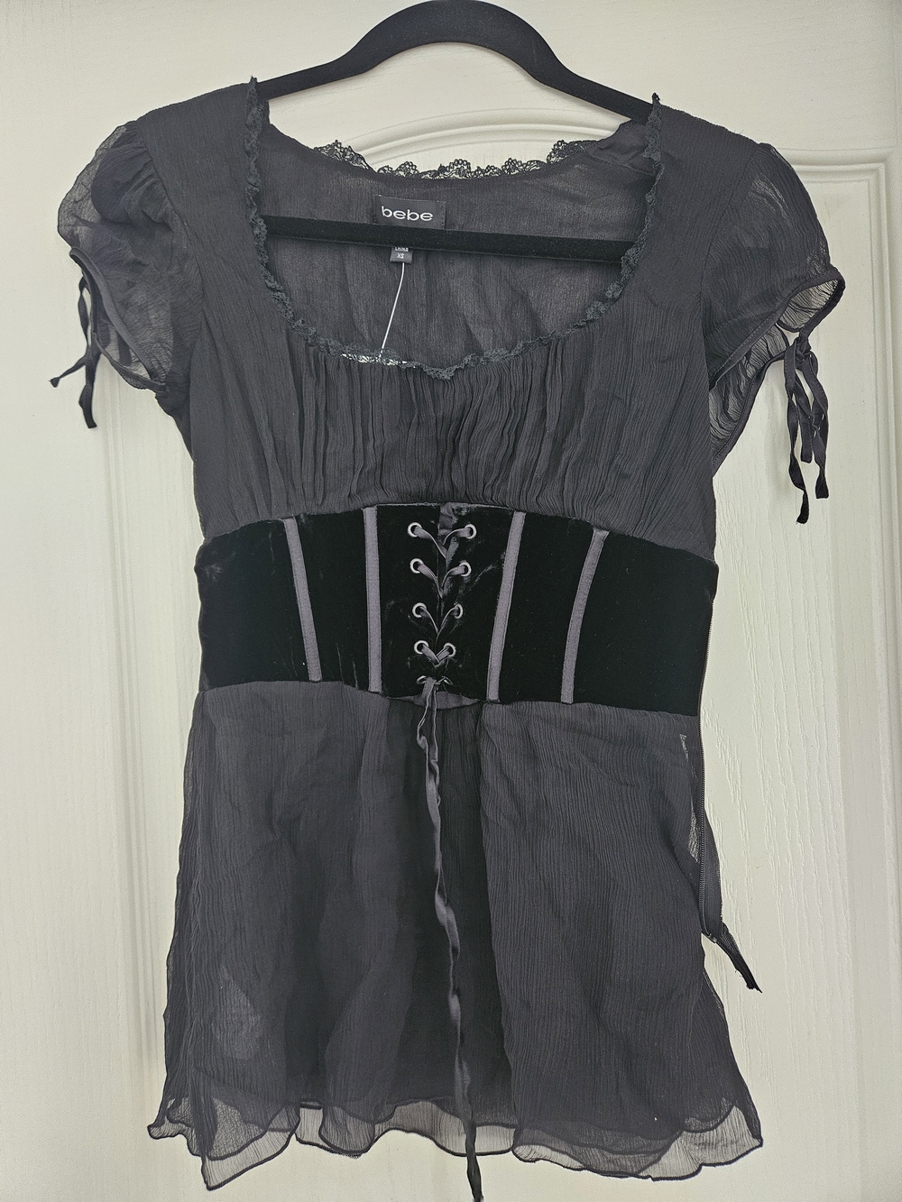 bebe Black Sheer Corset-Style Babydoll Top